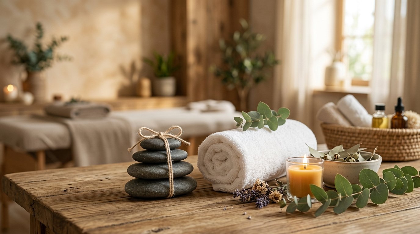 Ambiente de spa acolhedor com pedras, velas e eucalipto